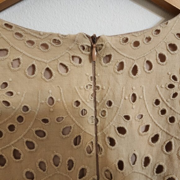 By Flow Mini Dress Eyelet Embroidered Lace Beige V Neck Zip Ruffle Feminine Edgy - Picture 10 of 15